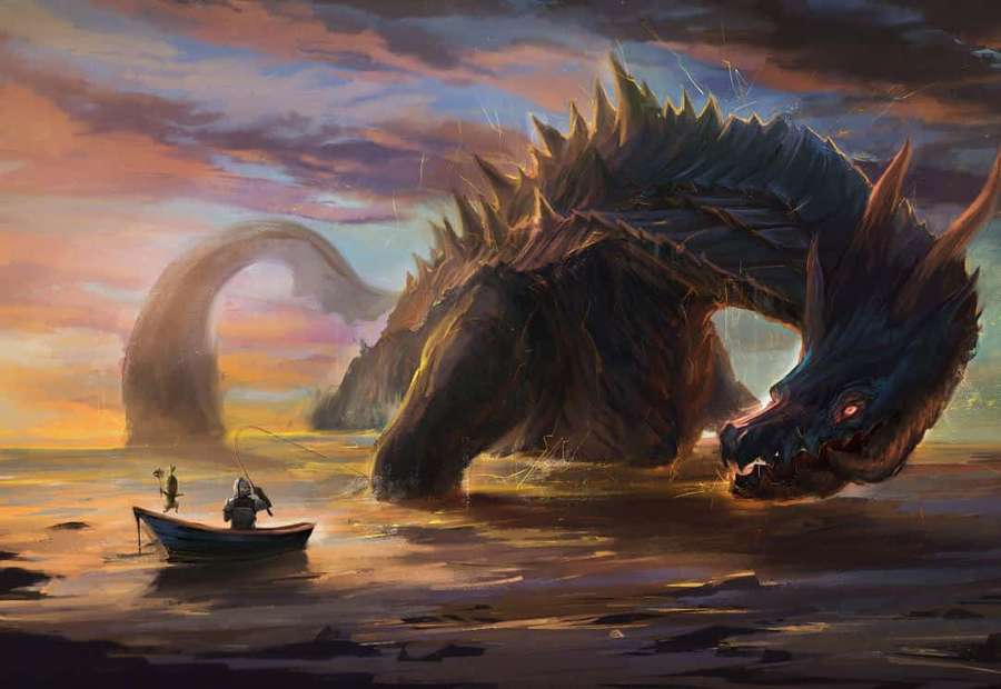 Two people in a boat confront a giant dragon rising from the water at sunset. — Monster Hunter Monsters Wallpaper