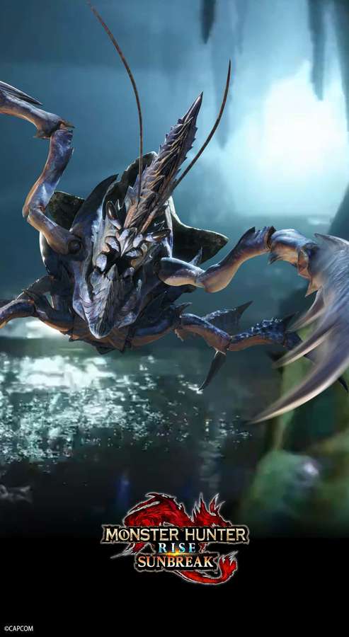 Ein großes gepanzertes Insektenmonster, das in einer Spielszene aus dem Wasser auftaucht. — Monsterjäger 3 Wallpaper