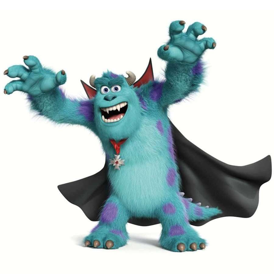 A blue furry monster with purple spots and a black cape smiles with arms raised. — Monsters Inc Background