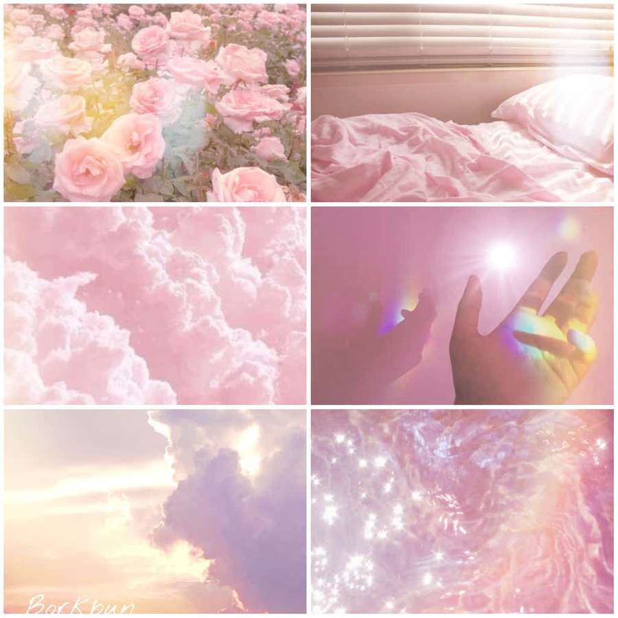 Rosas cor-de-rosa, nuvens suaves, mão brilhante, água cintilante e cama em luz pastel quente — Moodboard estético Papéis de Parede