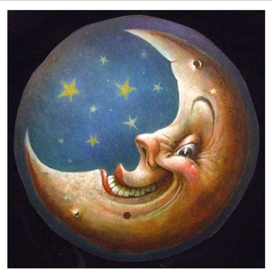 A cheerful crescent moon with stars inside its curved face. — Moon Face Picture