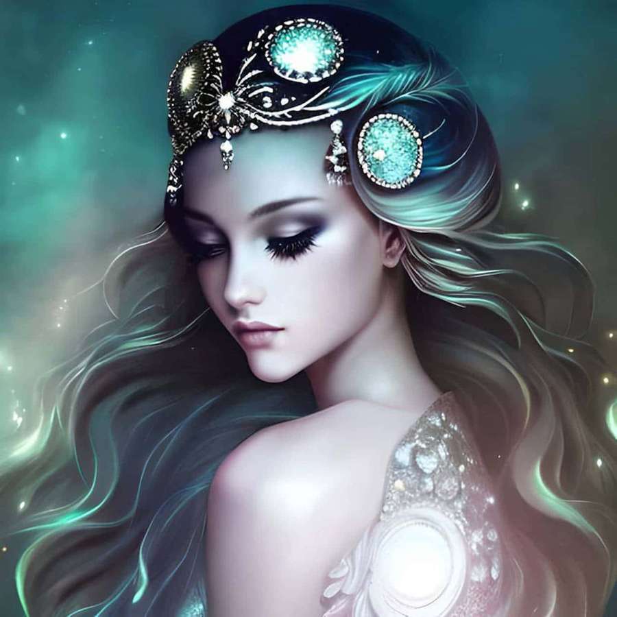 Wanita fantasi halus dengan rambut teal bercahaya dan hiasan kepala berhias permata di lingkungan mistis. — Moon Goddess Wallpaper