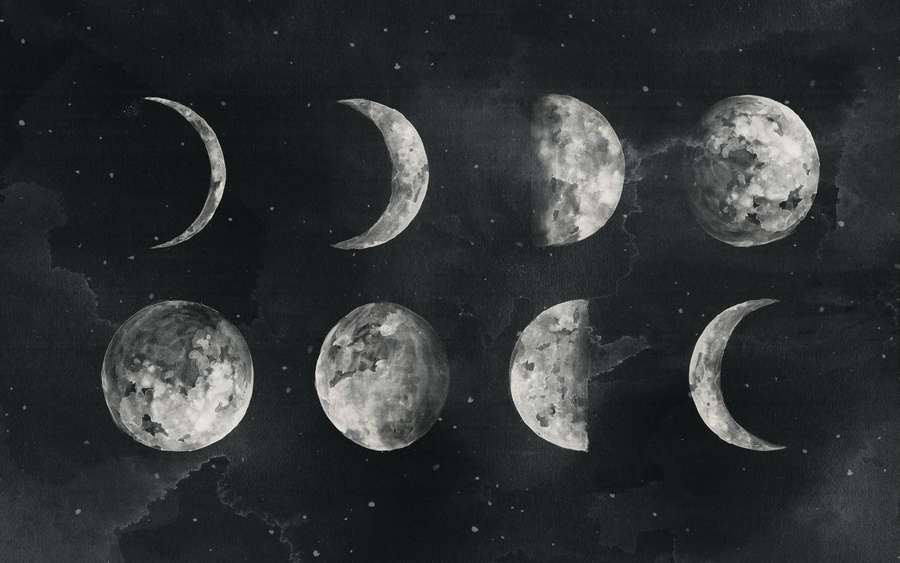 Watercolor illustration of eight moon phases against a starry night sky. — Moon Phases Background