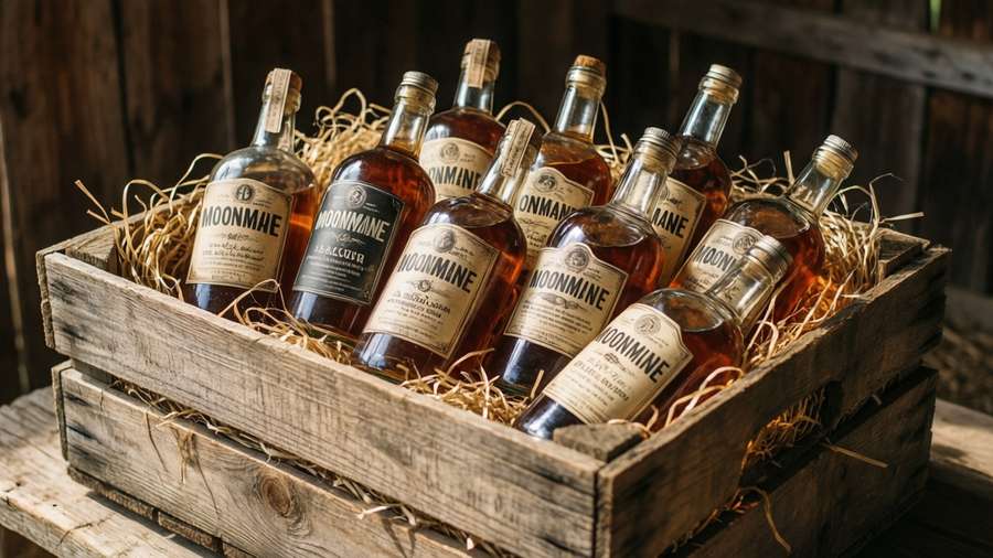 A wooden crate of moonshine bottles with straw in a barn, photorealistic warm light. — Moonshine Picture