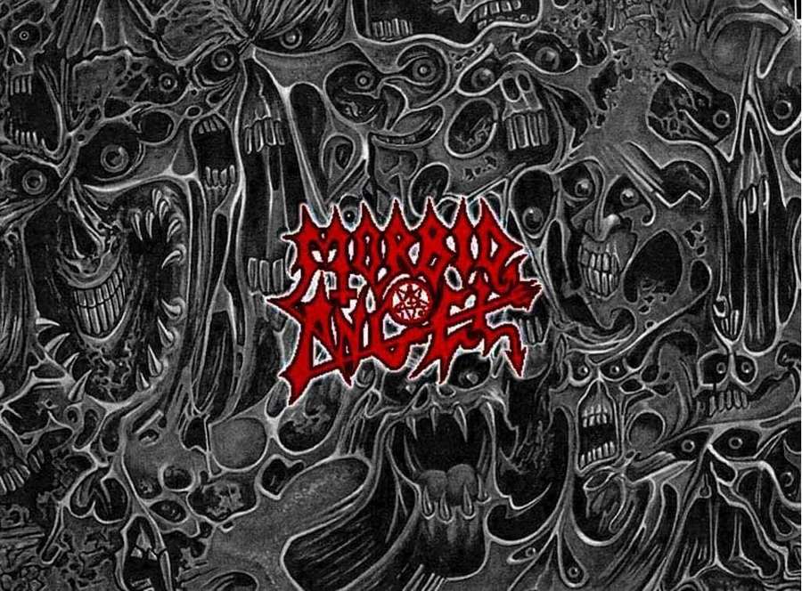 Dark metallic wallpaper with screaming faces and red band logo. — Morbid Wallpaper