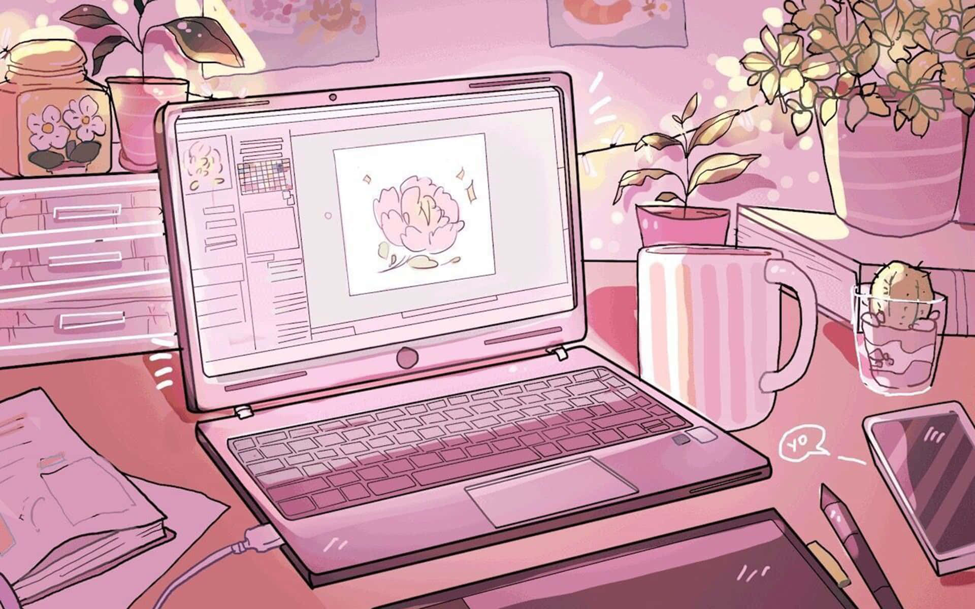 Scrivania rosa illustrata con laptop, piante e tazza in un accogliente spazio di lavoro creativo. — Morbido Sfondi