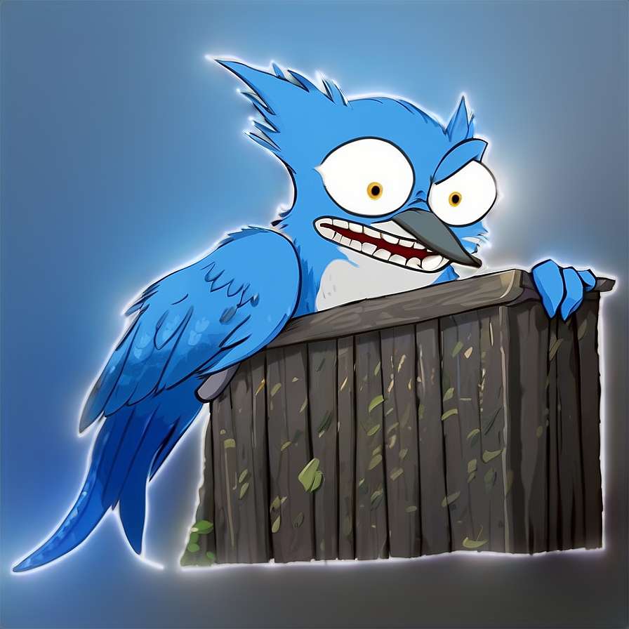 A cartoon blue jay with an angry expression peeks over a wooden fence. — Mordecai Background