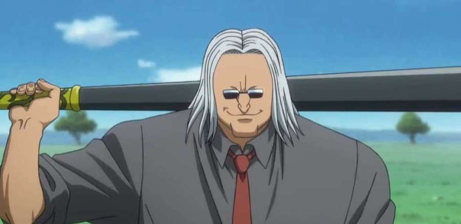 Anime man with silver hair and sunglasses holding a sword over his shoulder in a field. — Morel Mackernasey Wallpaper