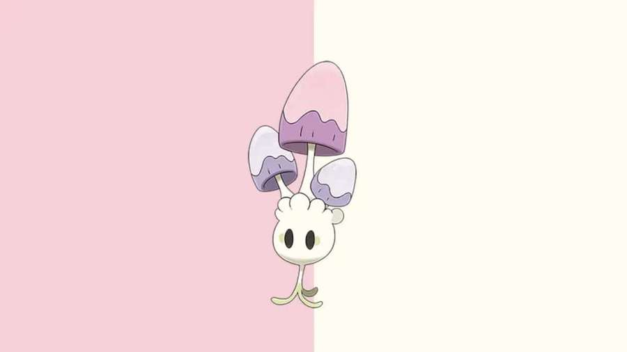 A cute anime mushroom creature peeking from behind a pink and cream background. — Morelull Wallpaper