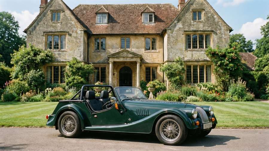 Green Morgan Roadster parked at English country estate — Morgan Roadster Wallpaper