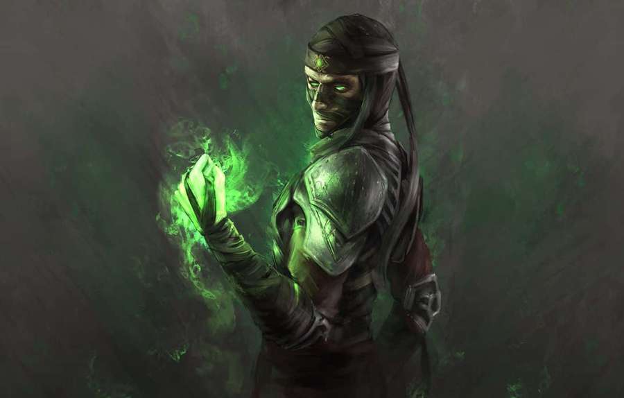 Masked warrior channeling green energy in dark armor against smoky background — Mortal Kombat Ermac Wallpaper