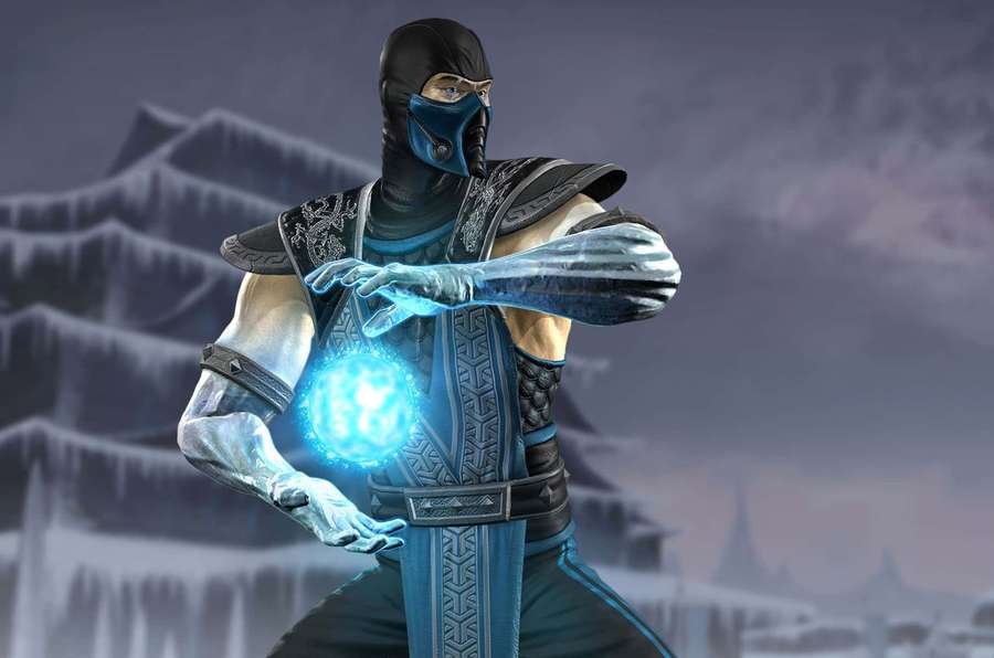 Ninja warrior generating blue energy in snowy ruins. — Mortal Kombat Sub-zero Wallpaper