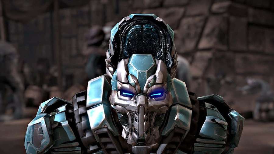 A robotic warrior with glowing blue eyes and metallic armor in a stone ruin. — Mortal Kombat Triborg Wallpaper