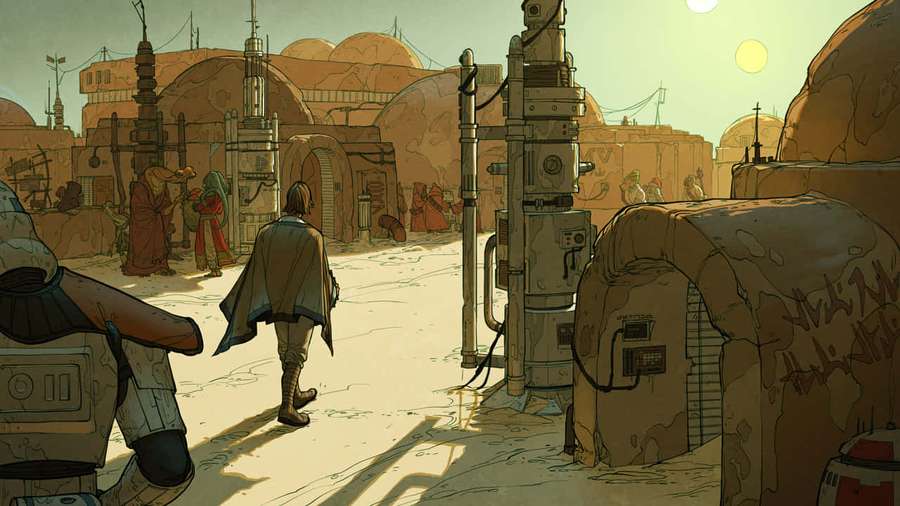 A traveler walks through a desert sci-fi town at sunset. — Mos Eisley Wallpaper
