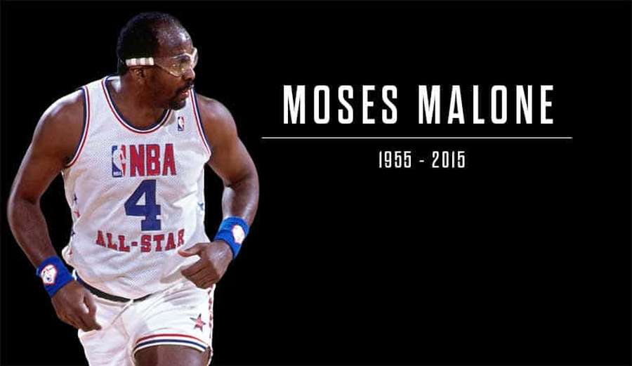 Moses Malone in NBA All-Star jersey running with text 1955 2015 — Moses Malone Wallpaper