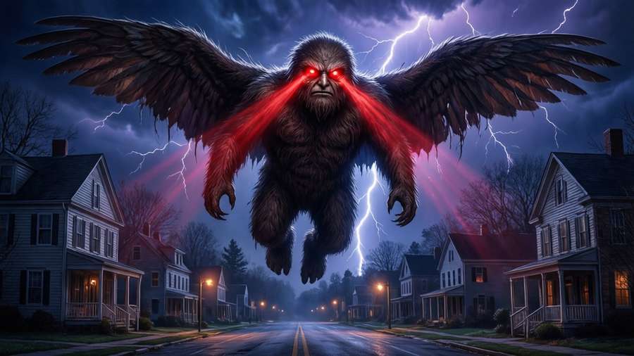 A digital painting wallpaper of Mothman flying over the town at night. — Mothman Picture