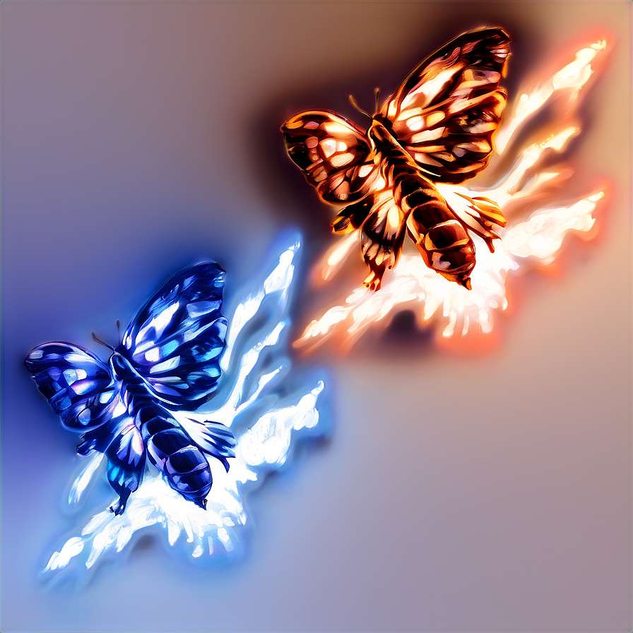 Two glowing butterflies one fiery orange one icy blue soar against a soft gradient background. — Mothra PNG