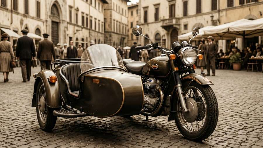 Vintage Moto Guzzi Falcone with sidecar in Italian piazza — Moto Guzzi Picture