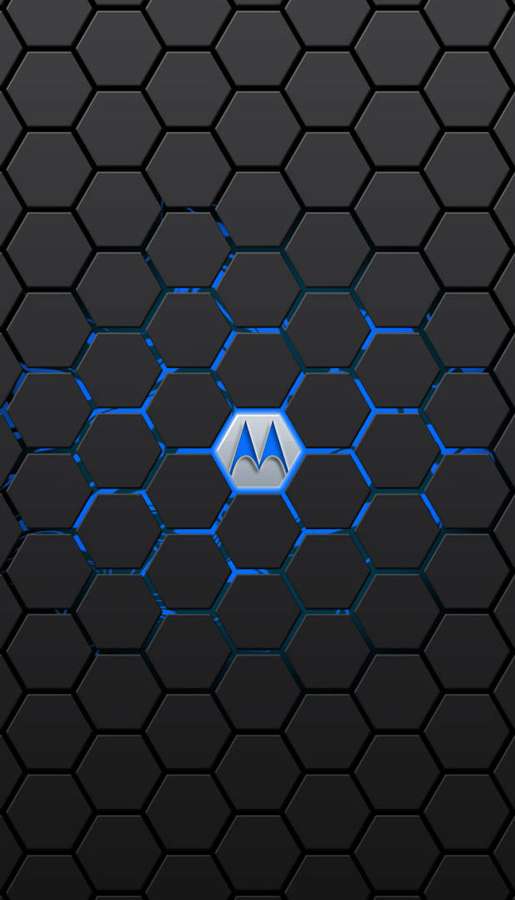 Motorola-Logo, das auf einem schwarzen sechseckigen Gitterhintergrund blau leuchtet. — Motorola Bilder