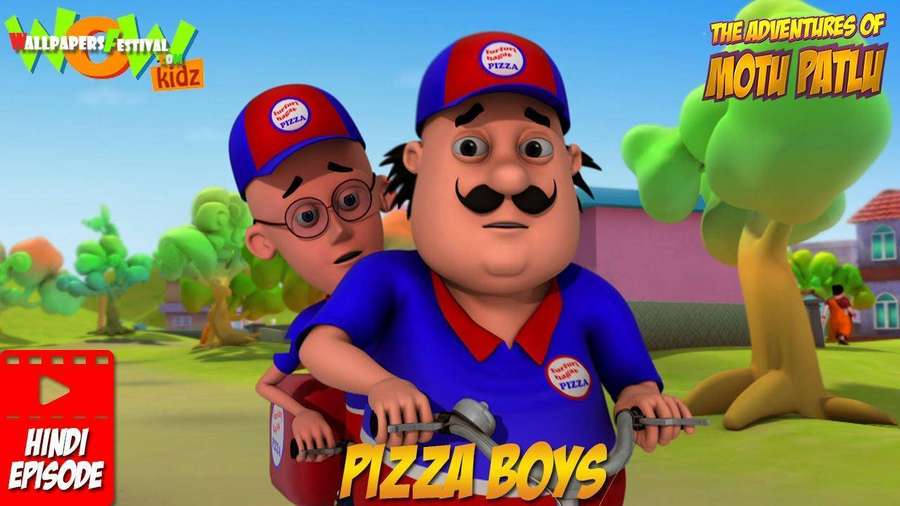 Two cartoon pizza delivery boys on a scooter in a colorful suburban setting. — Motu Wallpaper