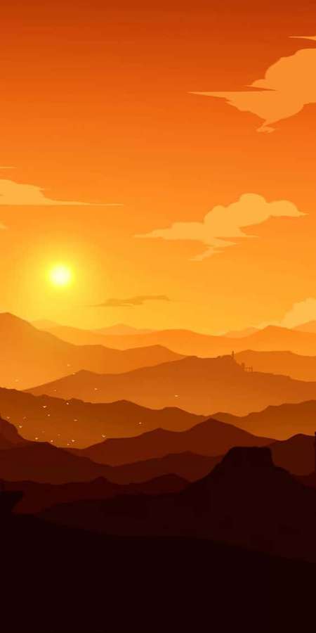 Auringonlasku vuorijonojen yllä oranssilla taivaalla ja pilvisiluetteja. — Mountain Sunset Taustakuvat