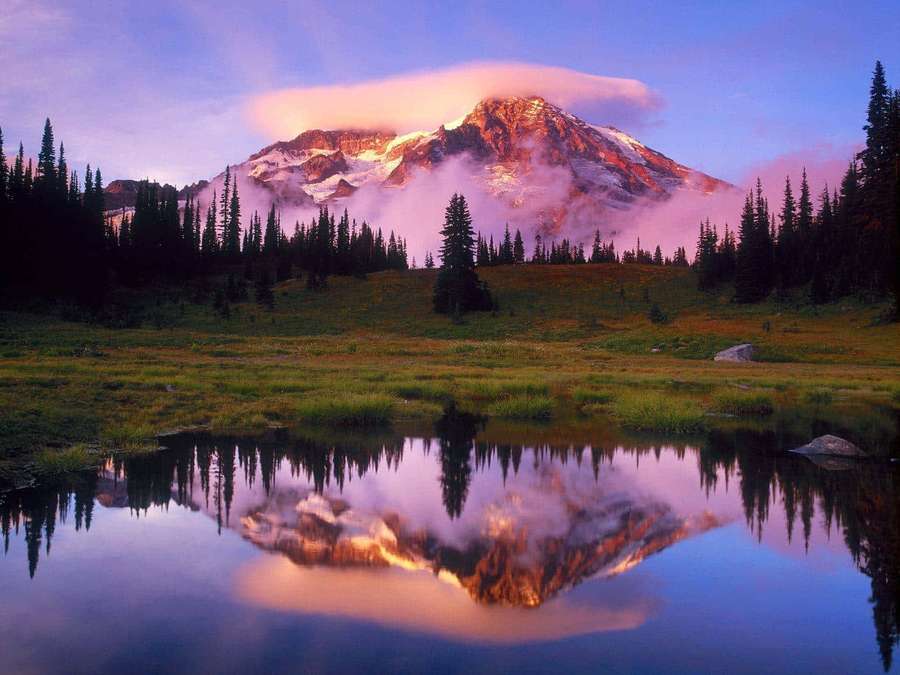 Snowcapped mountain reflected in a calm lake at dawn surrounded by evergreen trees. — Mountain View Picture