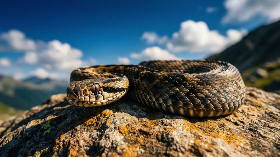 Viper sunbathing on a rock with blue sky backdrop. — Mountain Viper Picture