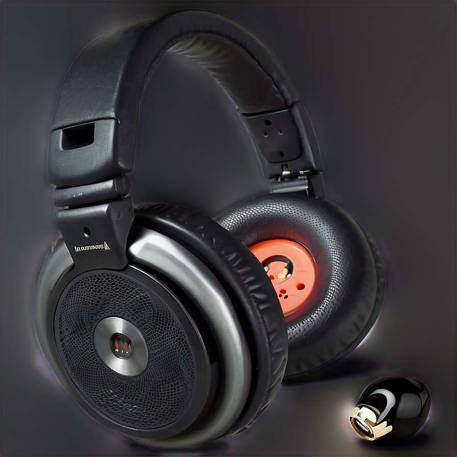 Sleek black and silver over-ear headphones with glowing orange accents and detachable cable. — Mp3 Background