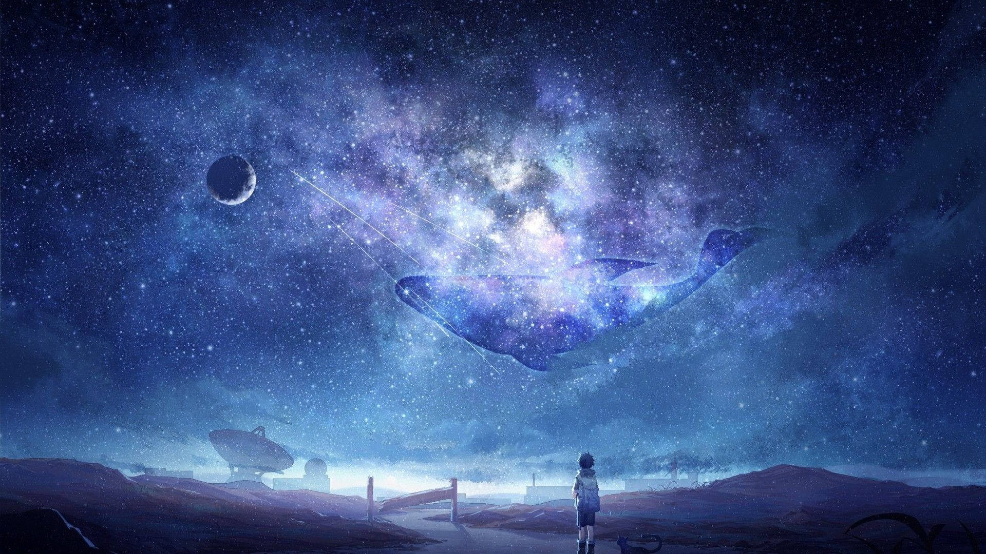 Hãy đắm mình trong bầu trời đêm cùng với hình nền Anime đầy mơ mộng. Những đám mây trôi qua như những cơn sóng êm ái trên biển đêm. Vào lúc này, bạn sẽ có thể cảm nhận được sự đẹp đẽ và tĩnh lặng của vũ trụ.
