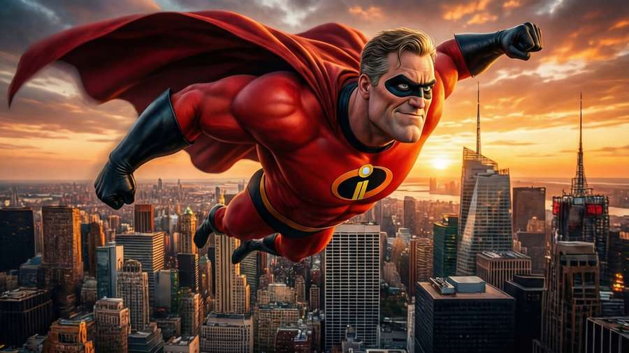 Superhero flying over a city at sunset with a red cape. — Mr incredible Background