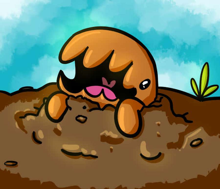 A cartoon creature with pink lips and black hair peeking from dirt. — Mud Turtle Background