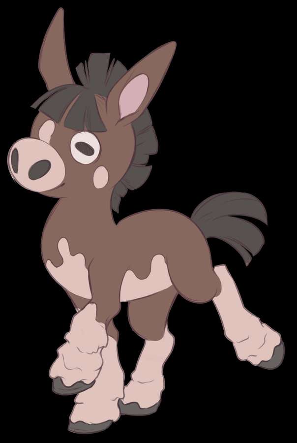 Un burro de dibujos animados con manchas marrones y crema de pie sobre un fondo negro. — Mudbray Fondos de pantalla