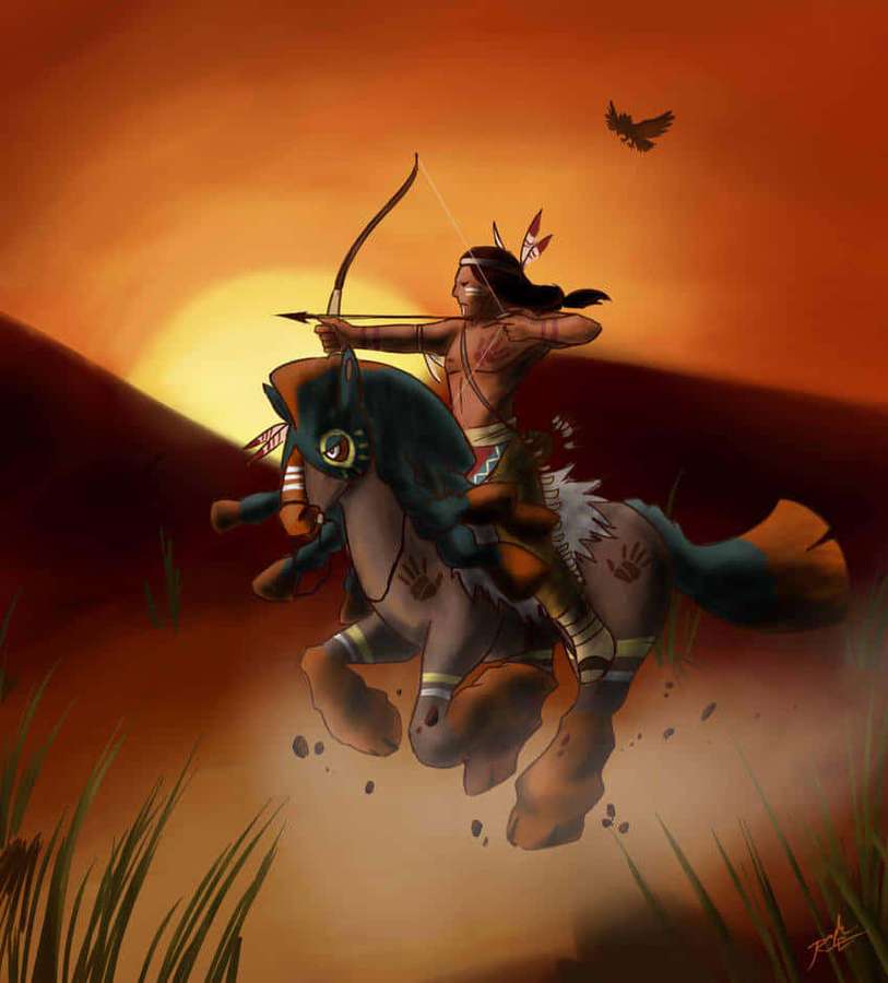 Native American warrior on horseback aiming bow at sunset — Mudsdale Wallpaper