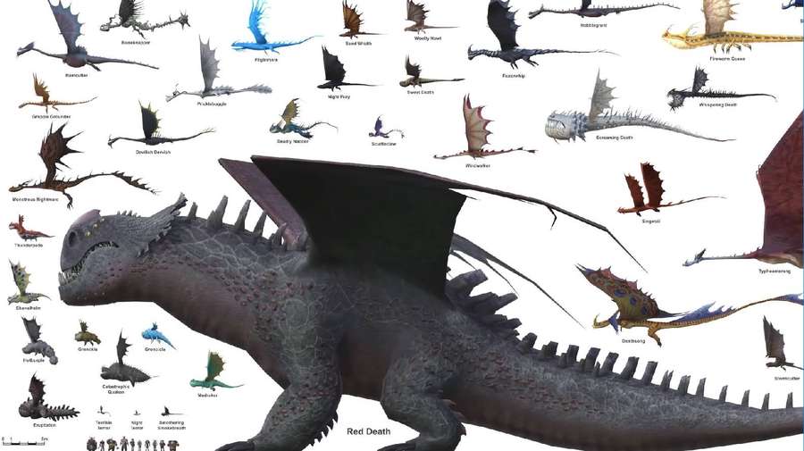 Ilustración del dragón Red Death y otras especies de dragones etiquetadas. — Muerte Roja Fondos de pantalla