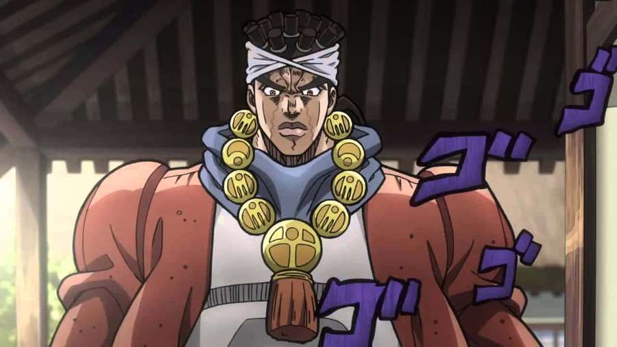 Angry anime character wearing gold coin necklace in wooden structure with sound effects. — Muhammad Avdol Wallpaper