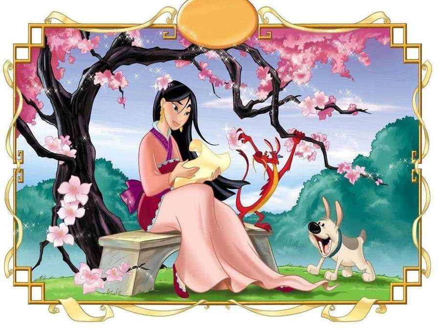 Princess holding a scroll under cherry blossoms with her dragon and dog nearby. — Mulan Background