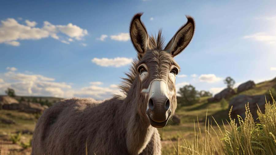 A donkey standing in a grassy field under a blue sky with clouds. — Mule Wallpaper