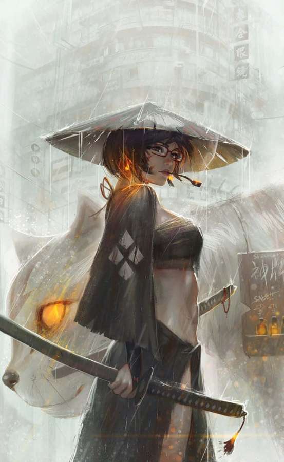 Mulher samurai de óculos segurando katana sob guarda-chuva em cidade neon chuvosa. — Mulher forte Papéis de Parede