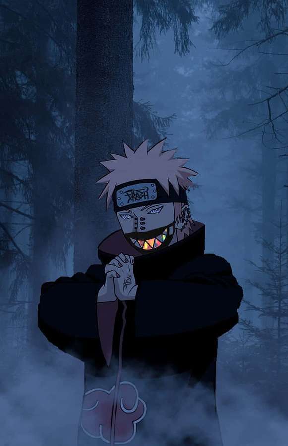 Anime-Ninja mit leuchtenden Zähnen in einem nebligen Wald bei Nacht. — Müllbande Wallpaper