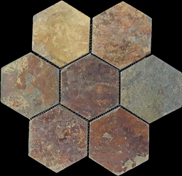 Hexagonal stone tiles in earthy tones arranged in a flower pattern. — Multicolor PNG