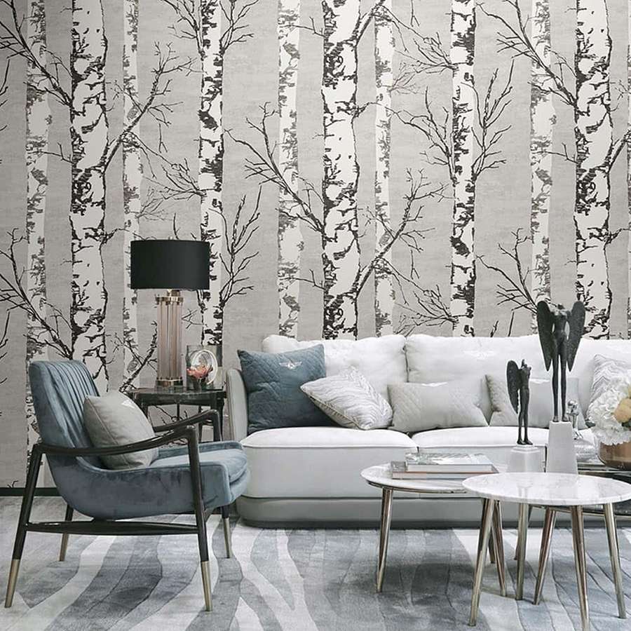 Sala de estar con papel tapiz de abedul y muebles modernos. — Mural de Árbol Fondos de pantalla