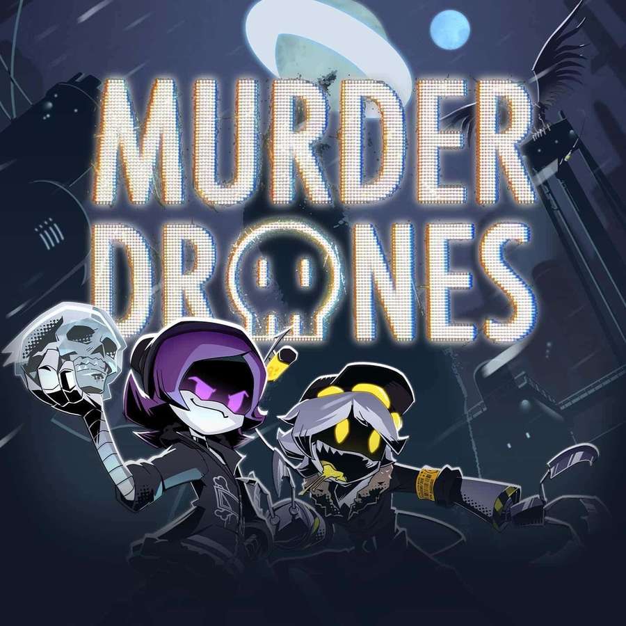Two anime characters with skull designs pose under glowing neon text in a dark futuristic city. — Murder Drones Wallpaper