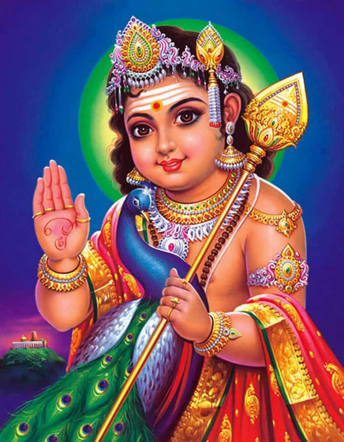 Divine child god with peacock and staff offering blessing — Murugan Background