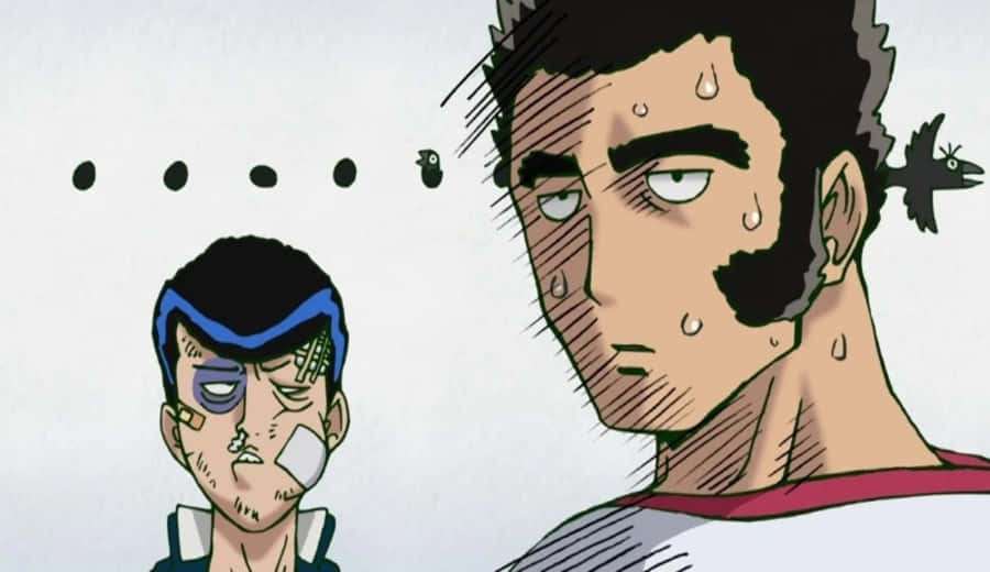Two anime characters one injured with bandages the other sweating with a bird on his ear. — Musashi Goda Wallpaper