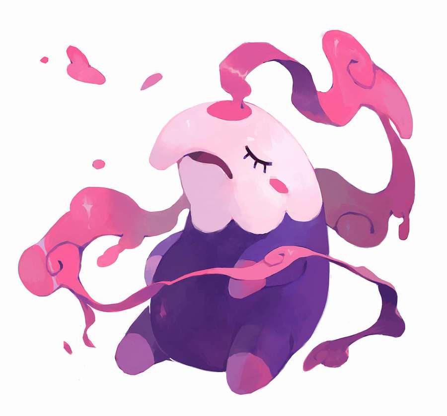 A pink and purple sleeping anime creature with flowing tentacles. — Musharna Wallpaper