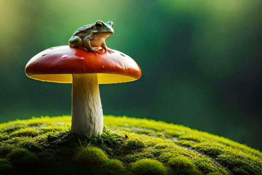 A small green frog sitting on a red mushroom in a mossy forest. — Mushroom Frog Wallpaper