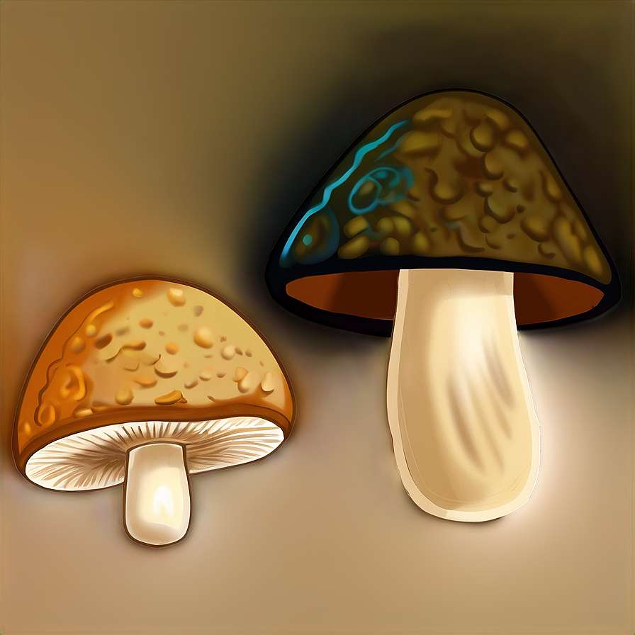 Two glowing mushrooms with textured caps and soft lighting against a beige background. — Mushroom PNG