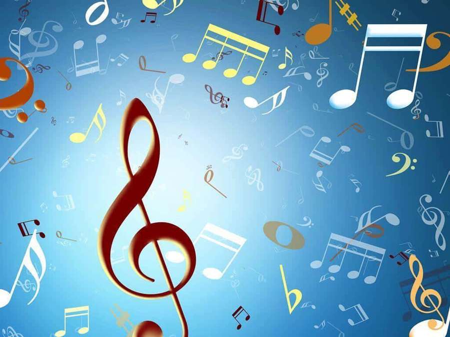 Floating musical notes and a large treble clef on a blue gradient background. — Music Notes Wallpaper