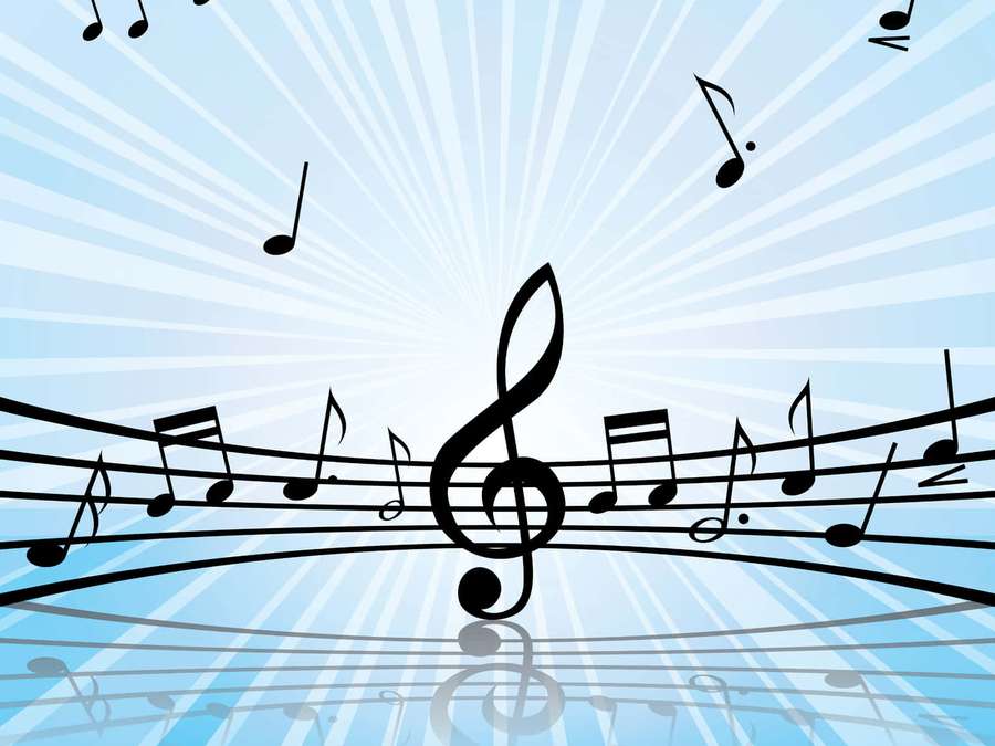 Musical notes and treble clef on curved staves against a radiant blue background. — Music Powerpoint Background
