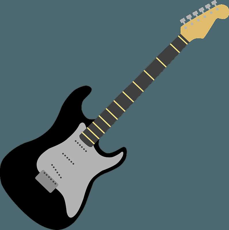 A black electric guitar with a light wood neck and silver pickguard on a teal background. — Musical Instruments PNG